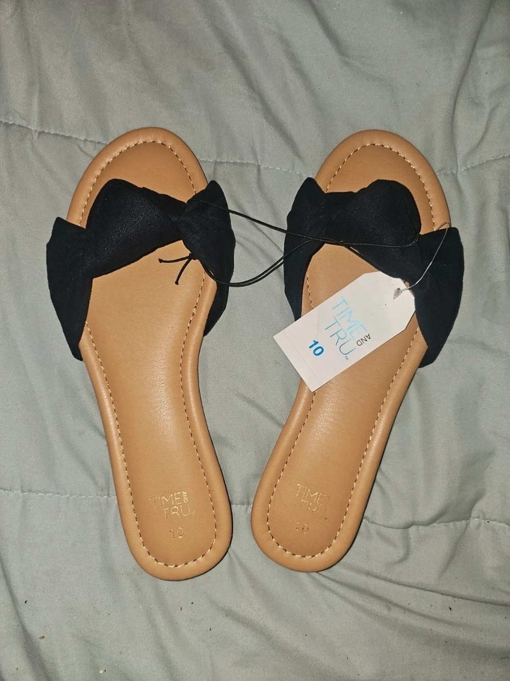 Time and Tru Black Bow Slide Sandals with Tan Footbed - Women's